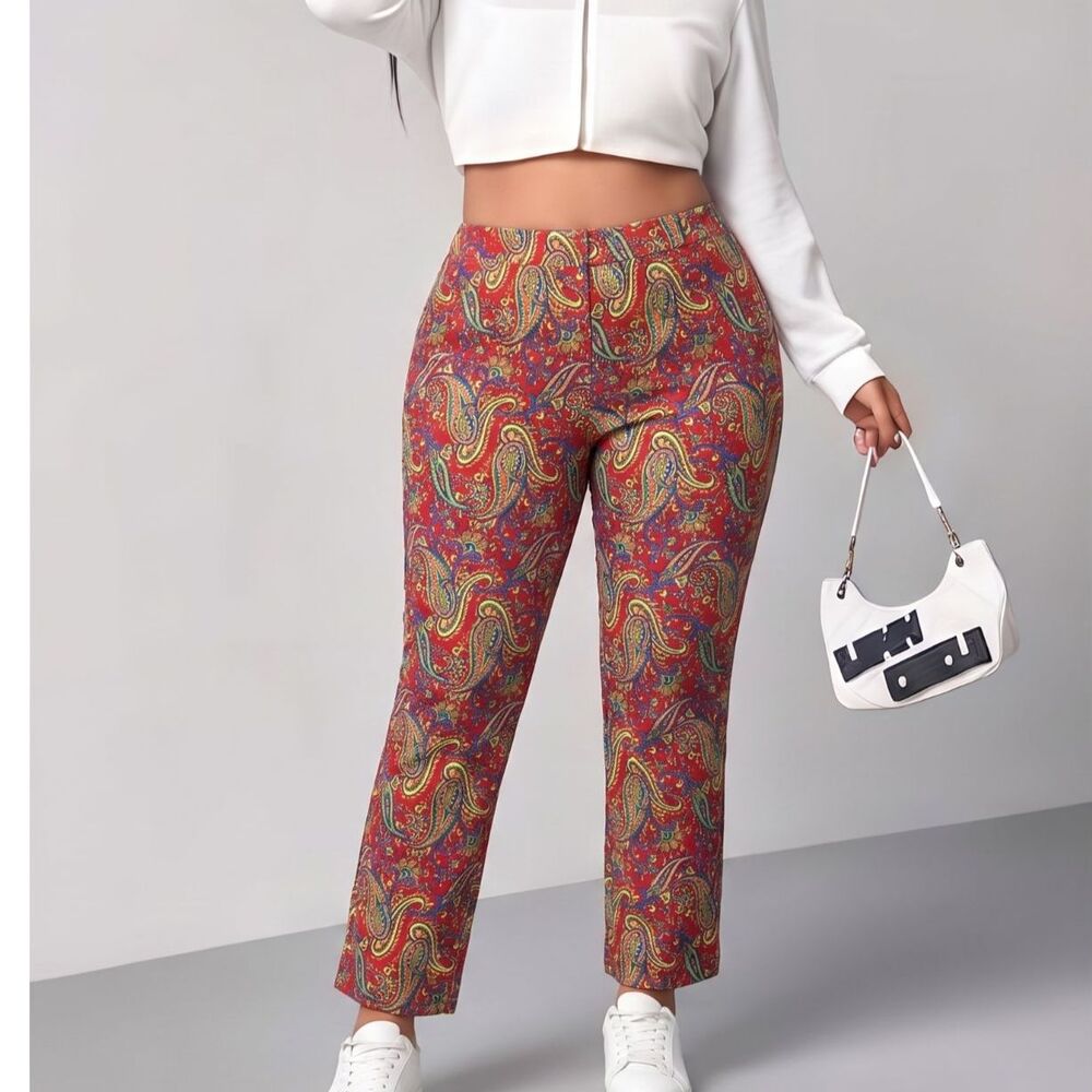 Lauren Ralph Lauren Red Paisley Ankle Slim Pants Boho Cotton Stretch Trousers 14